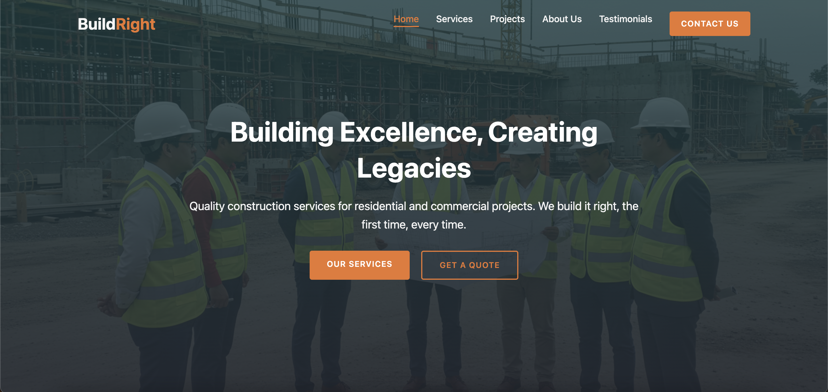 Screenshot of BuildRight Construction website - Light Mode
