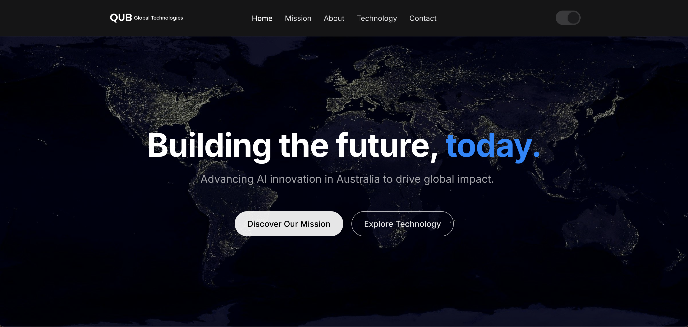 Screenshot of QUB Global Technologies website - Dark Mode